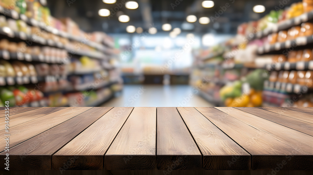 Wooden table with a blurred grocery store backdrop filled with fresh produce and products during daylight Wooden table with a blurred grocery store backdrop filled with fresh produce and products during daylight