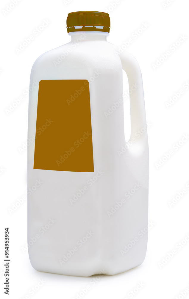 Side of milk bottle with Caramel color label on white background, Plastic Milk Bottle with blank label isolate on white background with clipping path