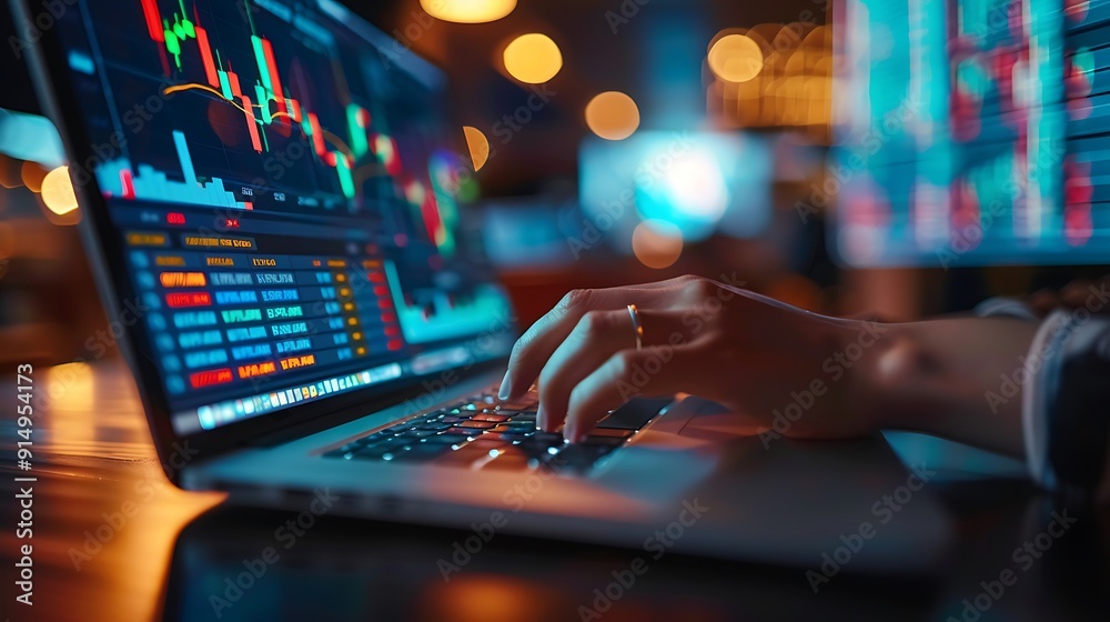 A crisp photograph of hands typing on a laptop with stock market software, with vibrant graphs and live indicators displayed on the screen. A crisp photograph of hands typing on a laptop with stock market software, with vibrant graphs and live indicators displayed on the screen.