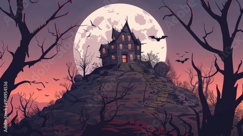 An old, spooky house on top of a hill with a full moon