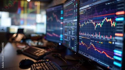 A detailed image of a stock market dashboard with intricate graphs and indicators, displayed on multiple screens. The office background is slightly blurred to emphasize the screens,