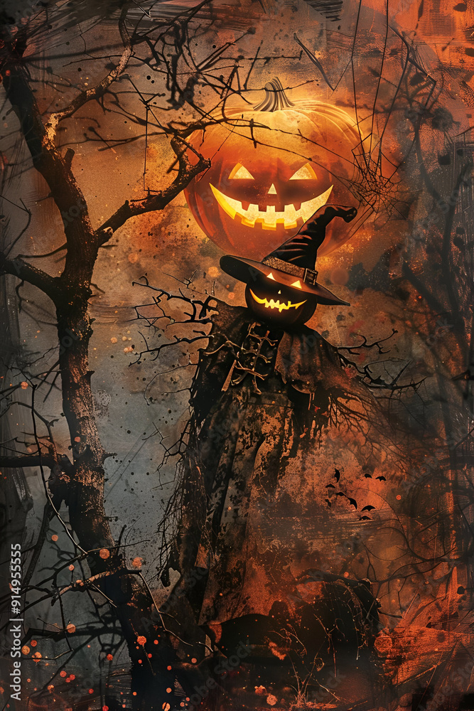 A Spooky Scarecrow with a Pumpkin Head Standing in a Dark, Enchanted Forest Area A Spooky Scarecrow with a Pumpkin Head Standing in a Dark, Enchanted Forest Area