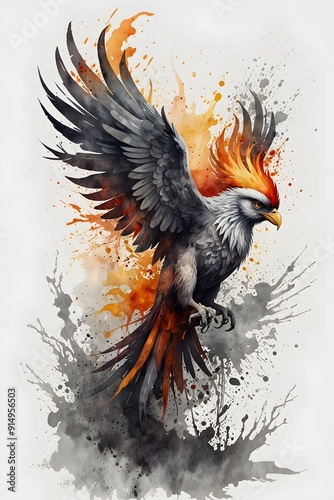 A phoenix rising from the ashes in watercolor style photo