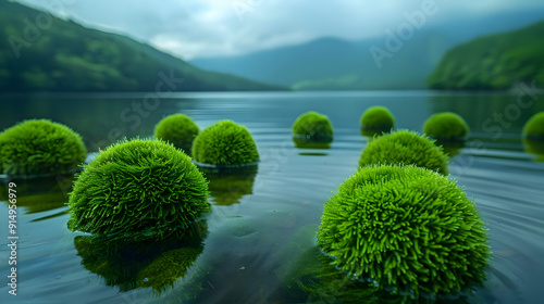 Green Moss Balls Floating on Calm Lake Water - Photo photo