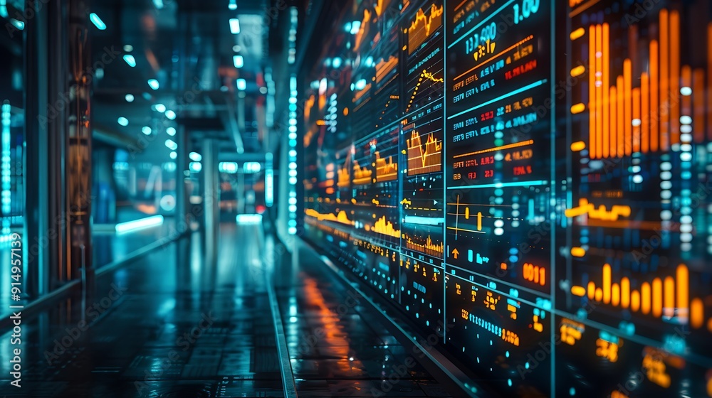 A dynamic photograph of a virtual stock market trading floor, with multiple holographic displays showing live stock data and charts. The background features a modern office with ambient lighting, A dynamic photograph of a virtual stock market trading floor, with multiple holographic displays showing live stock data and charts. The background features a modern office with ambient lighting,