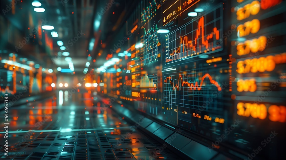 A dynamic photograph of a virtual stock market trading floor, with multiple holographic displays showing live stock data and charts. The background features a modern office with ambient lighting, A dynamic photograph of a virtual stock market trading floor, with multiple holographic displays showing live stock data and charts. The background features a modern office with ambient lighting,