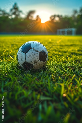 A Soccer Ball Resting on a Grassy Field at Sunset