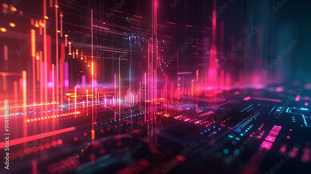 Obraz premium A futuristic abstract representation of stock market fluctuations, featuring neon lines and geometric shapes in constant motion. The background is a dark gradient with hints of neon colors,