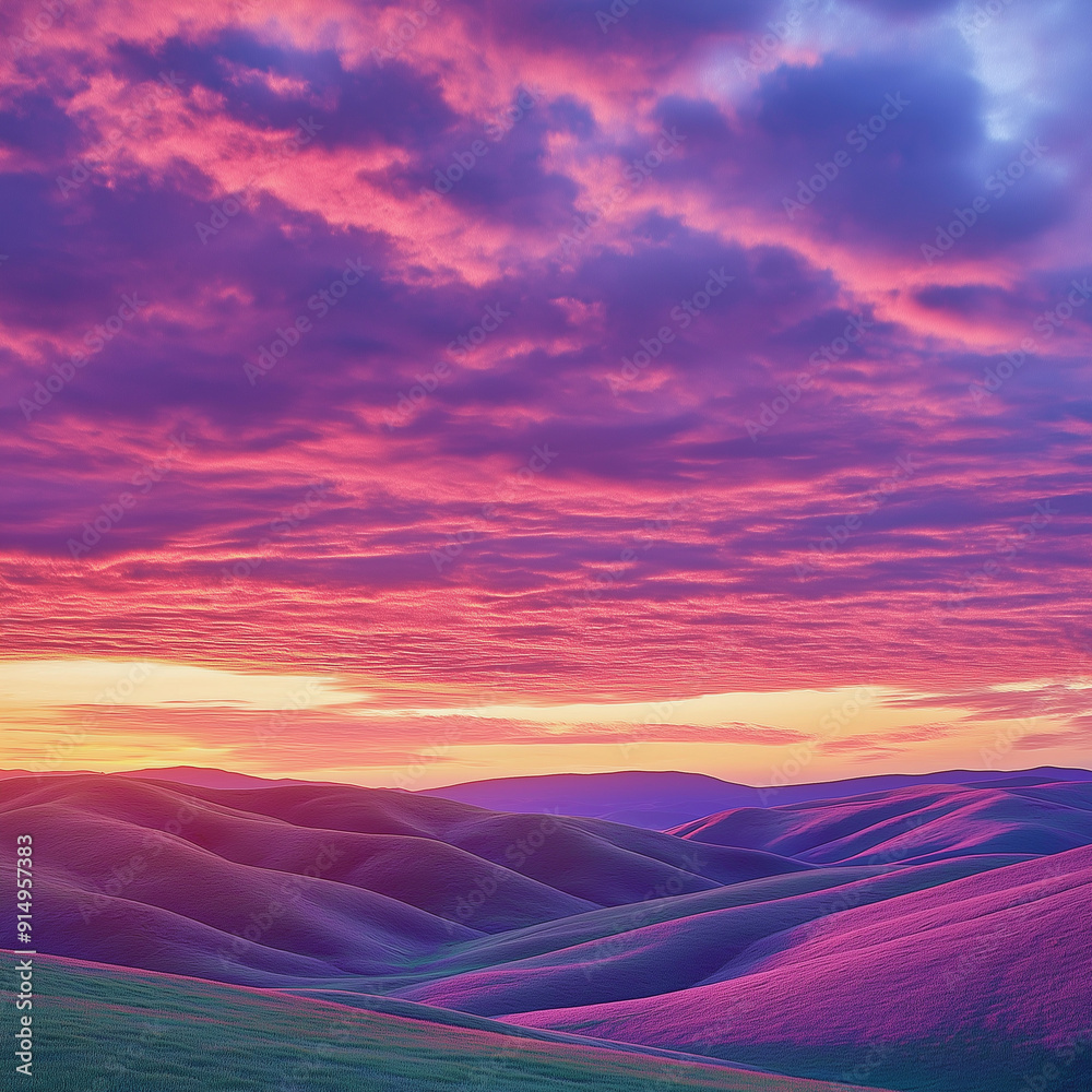 Fototapeta premium Rolling hills bathed in the crimson hues of a dramatic sunset, with vibrant skies and peaceful vistas