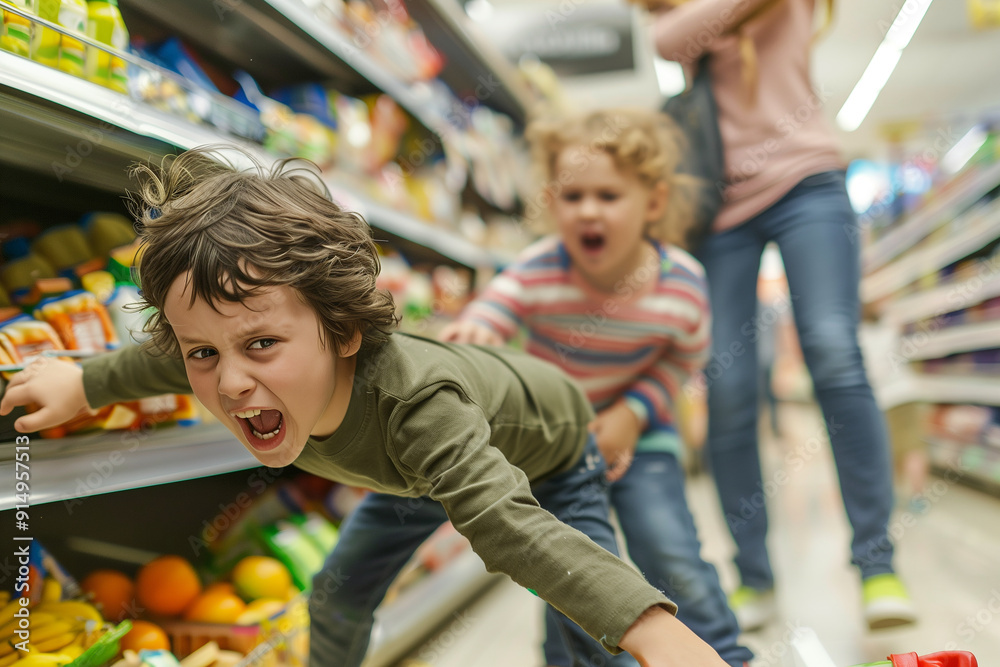 Frowning child pushing another child in a supermarket. Generative AI Frowning child pushing another child in a supermarket. Generative AI