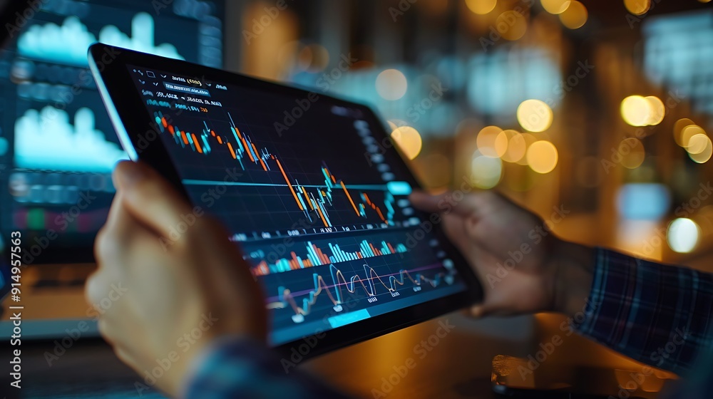 A high-definition close-up of a businessperson holding a tablet showing stock graphs, with detailed charts and fluctuating prices. A high-definition close-up of a businessperson holding a tablet showing stock graphs, with detailed charts and fluctuating prices.