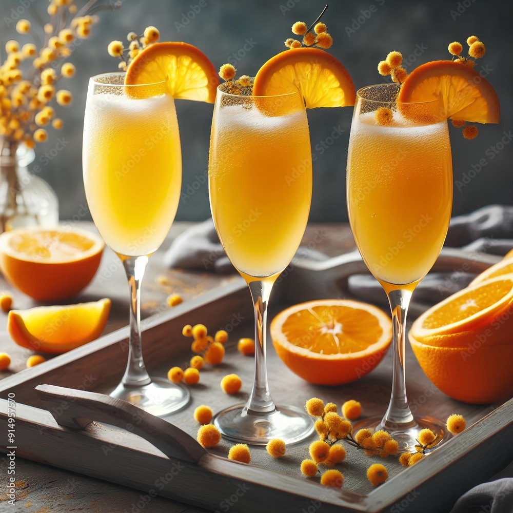Three glasses of Mimosa with orange slices on a tray. Three glasses of Mimosa with orange slices on a tray.