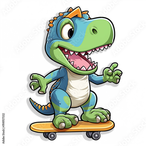 Funny happy dinosaur on skateboard cartoon character