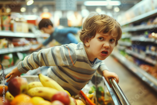Frowning child in a supermarket. Generative AI