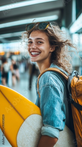 Exuberant Traveler: A Joyful Young Woman with Surfboard and Backpack, Exuding Anticipation for Adventure at the Airport. photo