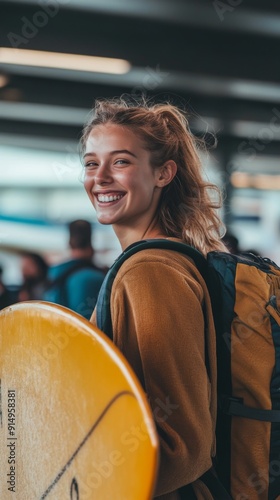 Exuberant Traveler: A Joyful Young Woman with Surfboard and Backpack, Exuding Anticipation for Adventure at the Airport. photo