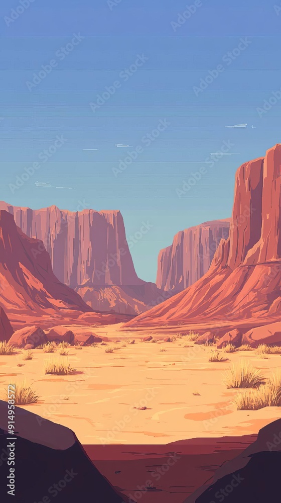 Naklejka premium Illustration of a serene desert landscape with rocky canyons under a clear blue sky, capturing natural beauty and tranquility.