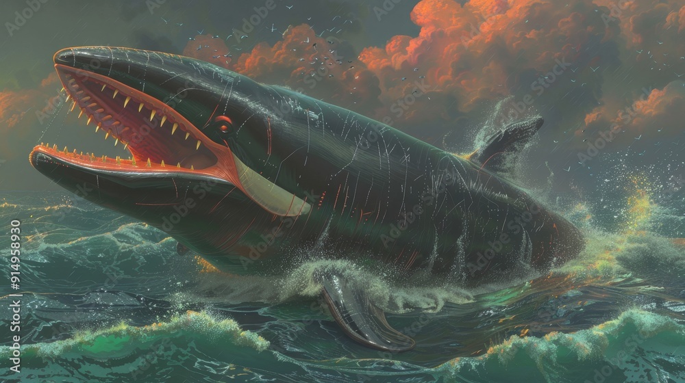 Fototapeta premium A Black Whale Leaps From the Ocean