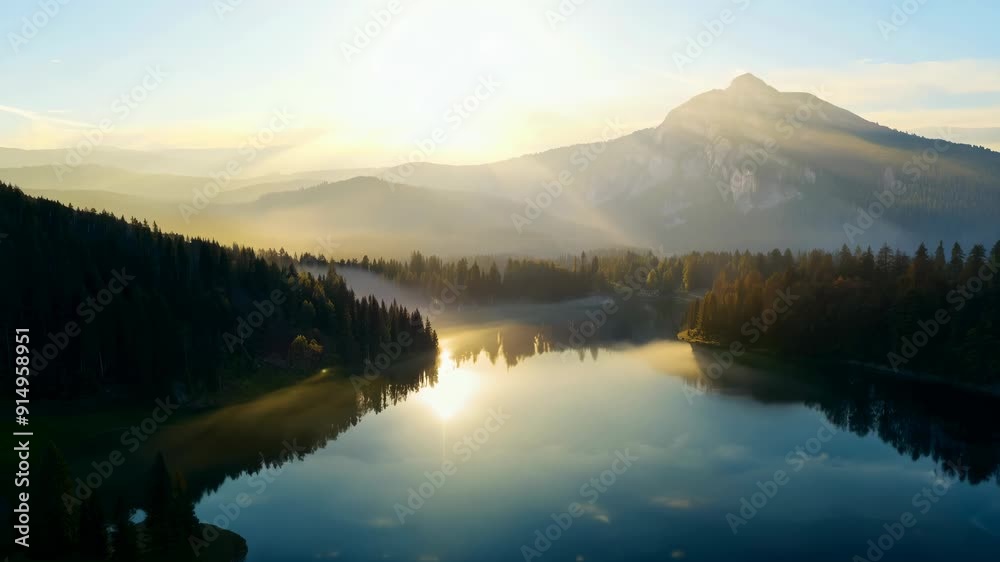 Peaceful Morning: Foggy Lake with Mountain at Sunrise Peaceful Morning: Foggy Lake with Mountain at Sunrise