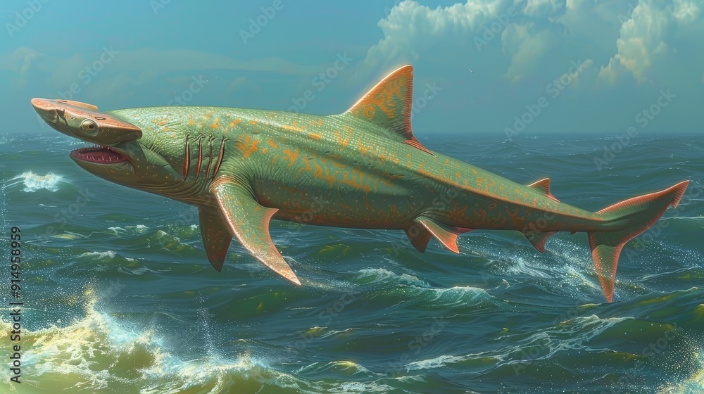 Naklejka premium A Prehistoric Shark Leaping From the Depths