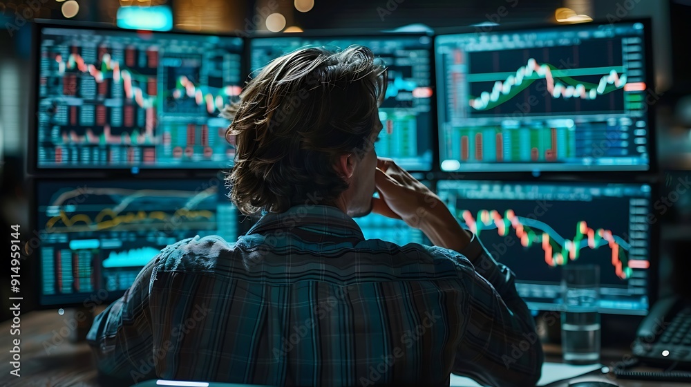 A high-quality image of a trader analyzing stock charts on multiple monitors, detailed graphs and live data. The trader is in a modern office with ambient lighting. Captured with a DSLR camera, A high-quality image of a trader analyzing stock charts on multiple monitors, detailed graphs and live data. The trader is in a modern office with ambient lighting. Captured with a DSLR camera,