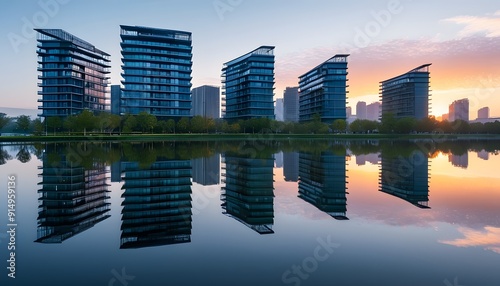 Reflection by the city lake and morning light, modern architecture and nature coexist harmoniously photo