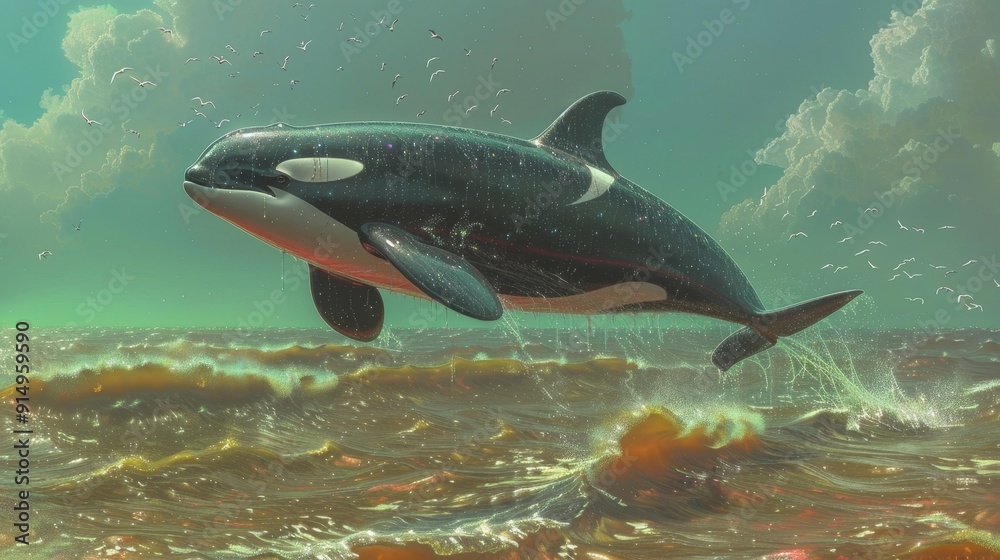 Fototapeta premium Orca Leaping Through Sparkling Sea