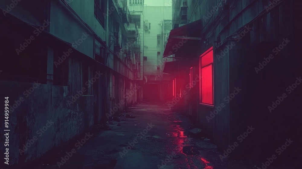 Gloomy, abandoned street with eerie glowing windows Gloomy, abandoned street with eerie glowing windows