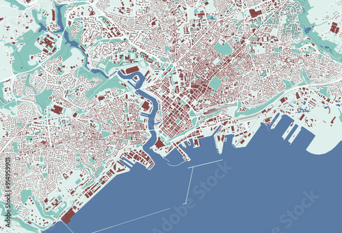 Brest map, France. City map, streetmap with buildings and roads, parks and rivers.