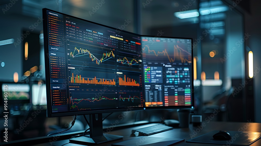 A high-resolution image of a stock market dashboard with detailed graphs and indicators, displayed on a large monitor in a modern office setting. The background features a sleek, A high-resolution image of a stock market dashboard with detailed graphs and indicators, displayed on a large monitor in a modern office setting. The background features a sleek,