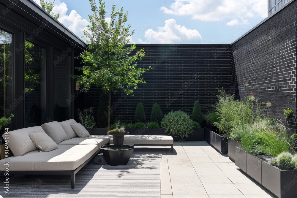 Fototapeta premium Modern Rooftop Patio with Stylish Furniture and Lush Greenery
