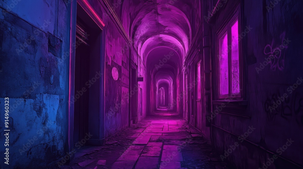 Gloomy, abandoned street with eerie glowing windows Gloomy, abandoned street with eerie glowing windows