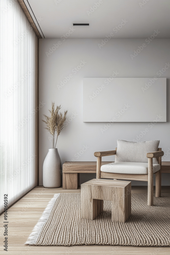 Fototapeta premium Minimalist living room interiors in neutral tones with elegant furniture and a large window. Residential Real Estate mockup background image.