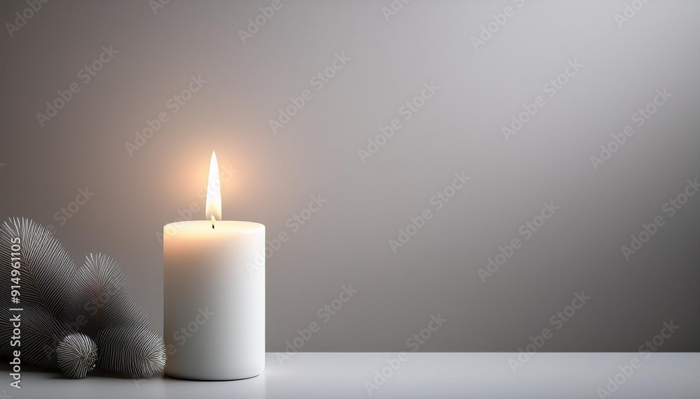 Elegant white candle with a flickering flame set against a soft gray background alongside decorative foliage Elegant white candle with a flickering flame set against a soft gray background alongside decorative foliage