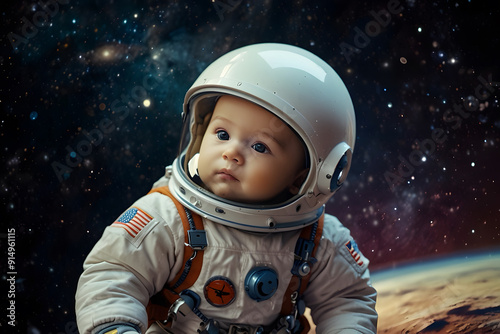 A cute baby astronaut in space