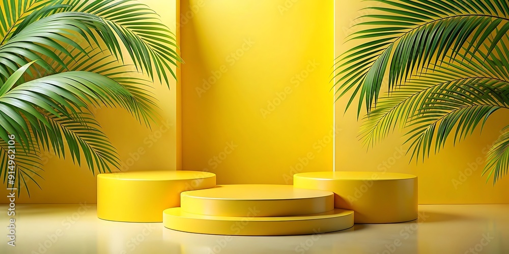 Yellow Product Podium with 3D Minimal Background Summer Display Platform in a Tropical Setting Yellow Product Podium with 3D Minimal Background Summer Display Platform in a Tropical Setting
