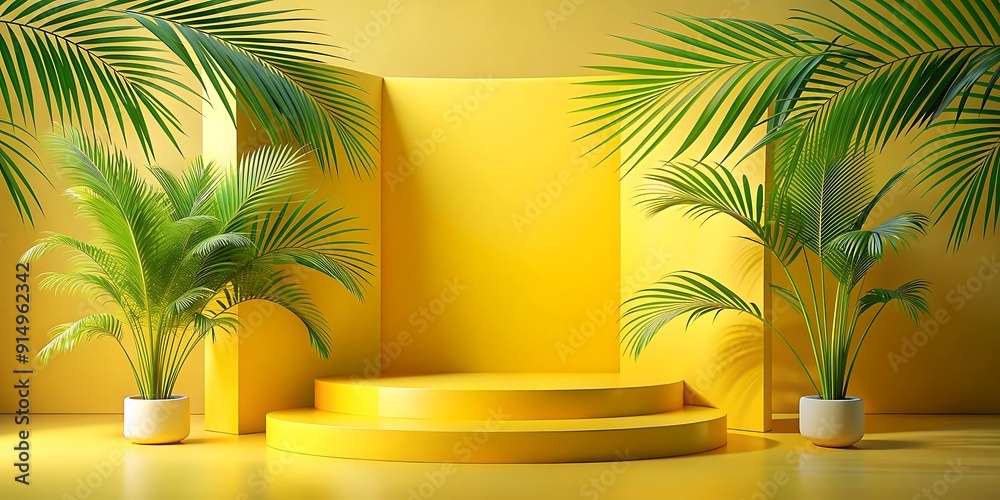 Obraz premium Yellow Product Podium with 3D Minimal Background Summer Display Platform in a Tropical Setting