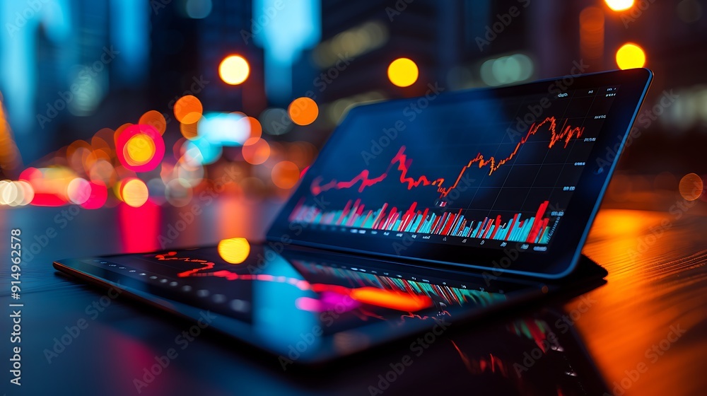 Obraz premium A realistic image of a stock market heatmap on a tablet screen, with detailed red and green indicators. The tablet is placed on a desk in a sleek office environment with blue ambient lighting,
