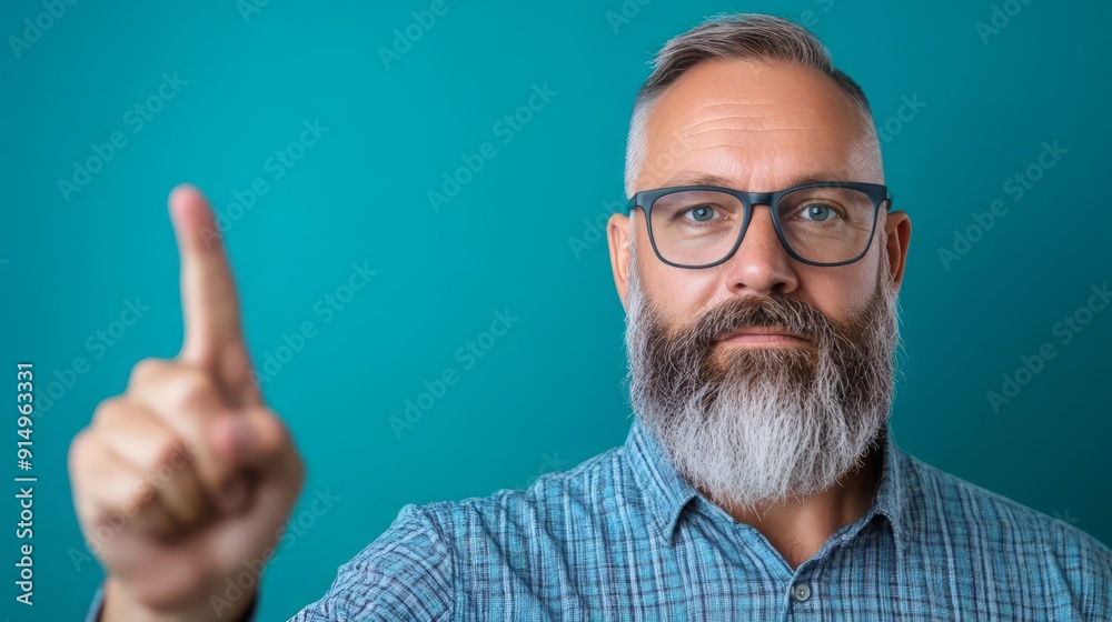 Confident man with gray beard gestures with one finger, emphasizing a point. Ideal for communication and leadership themes. Confident man with gray beard gestures with one finger, emphasizing a point. Ideal for communication and leadership themes.