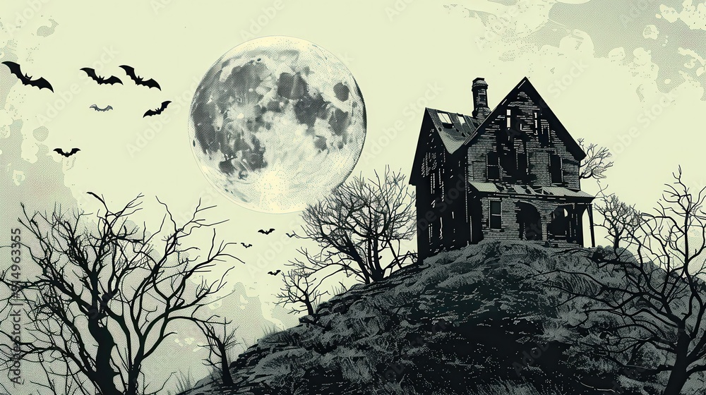 Fototapeta premium An old, spooky house on top of a hill with a full moon