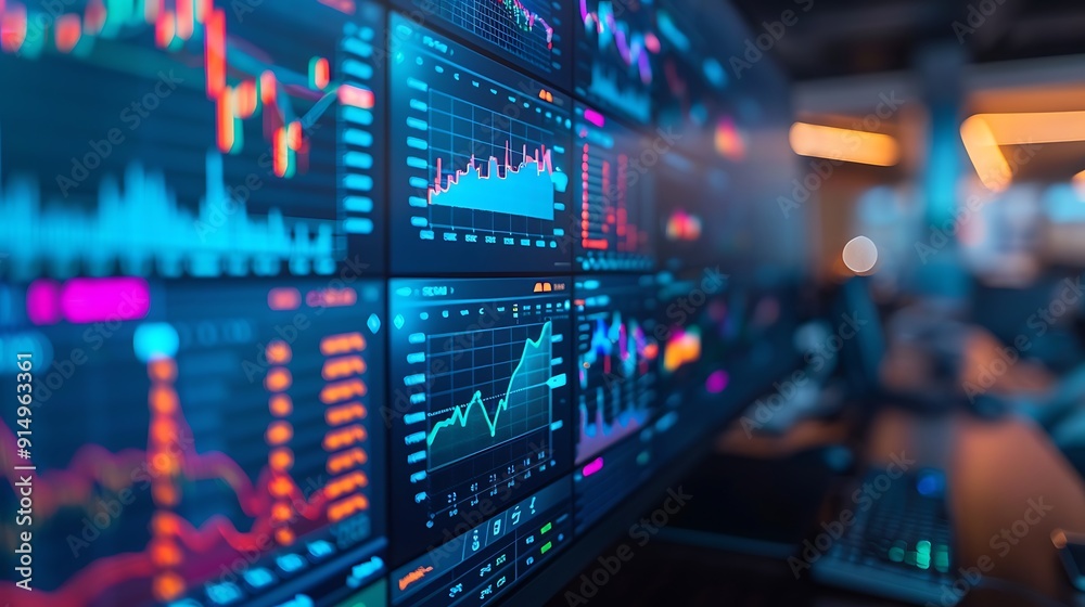 A sharp close-up photograph of a cryptocurrency trading interface alongside traditional stock data, with bright and colorful graphs and indicators displayed on a large monitor. A sharp close-up photograph of a cryptocurrency trading interface alongside traditional stock data, with bright and colorful graphs and indicators displayed on a large monitor.