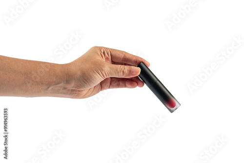 Close up of lip gloss in hand on transparent background.