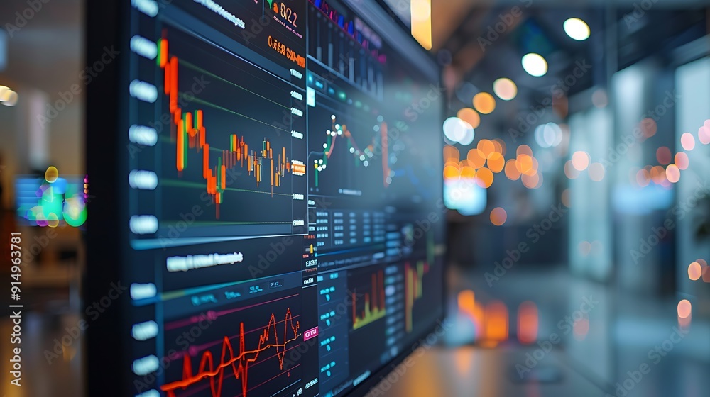 A sharp close-up photograph of an AI-driven stock market prediction dashboard, with bright and colorful charts and predictive data. A sharp close-up photograph of an AI-driven stock market prediction dashboard, with bright and colorful charts and predictive data.