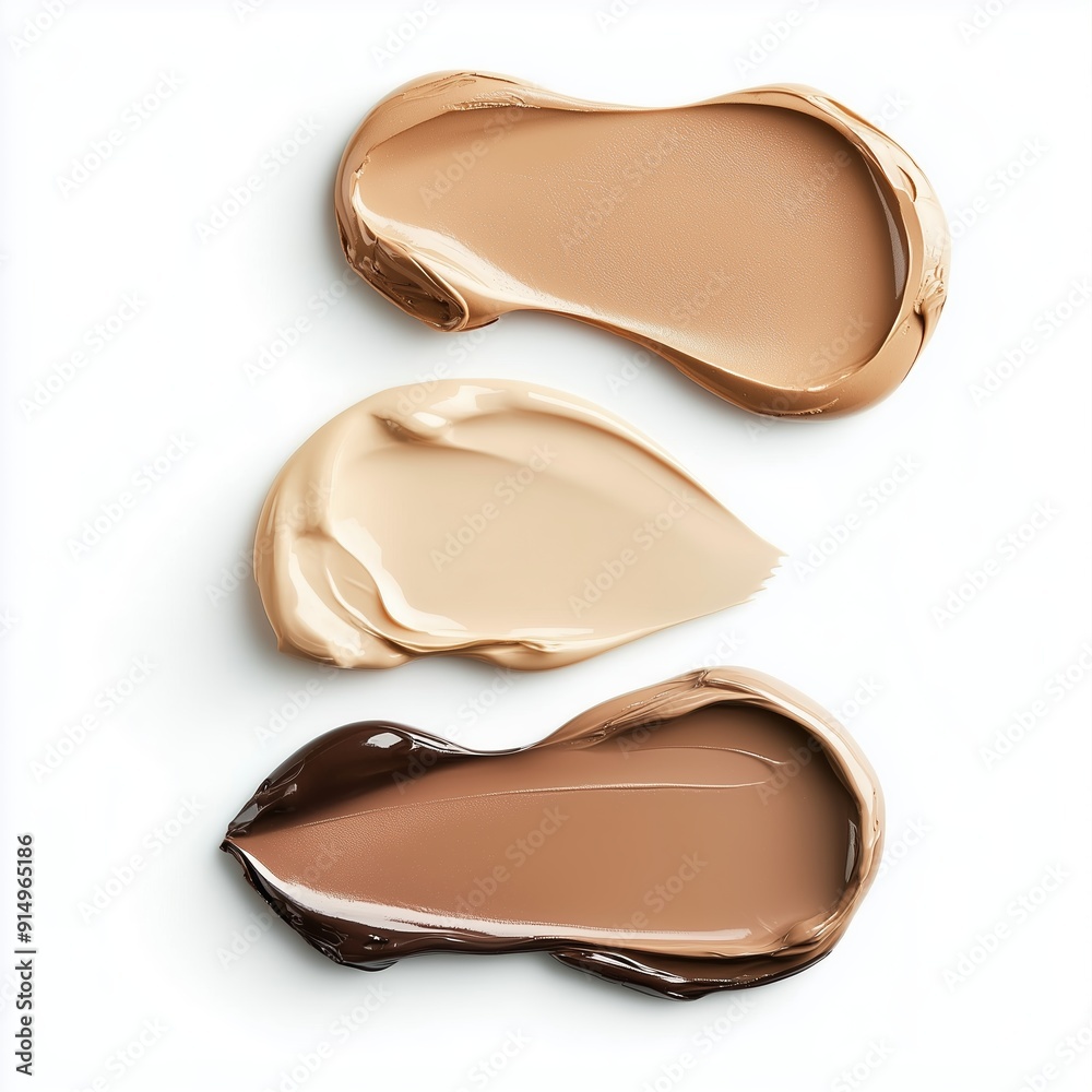 Different shades of foundation cream displayed on a white surface for beauty enthusiasts to explore skin tones Different shades of foundation cream displayed on a white surface for beauty enthusiasts to explore skin tones