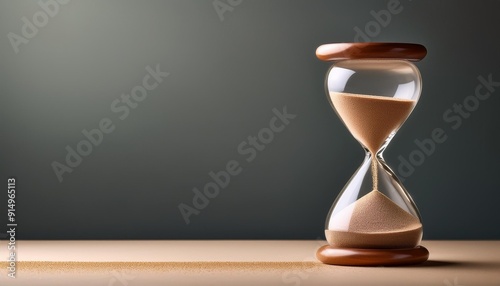 Elegant hourglass on a minimalistic surface displaying sand flowing from one chamber to another, symbolizing the passage of time and patience photo