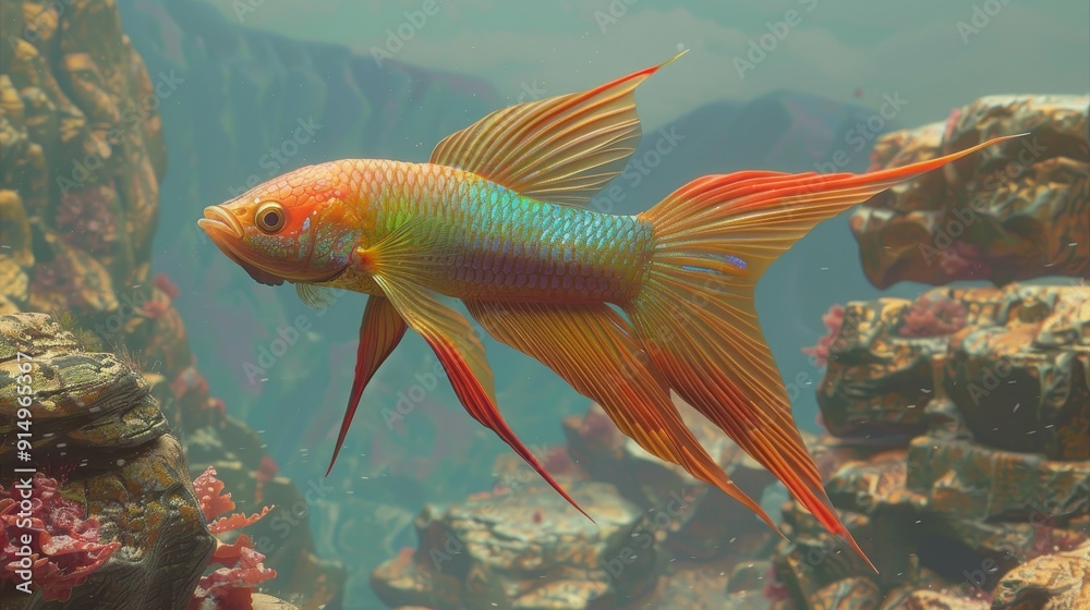 Naklejka premium A Vibrant Betta Fish in a Serene Underwater Landscape