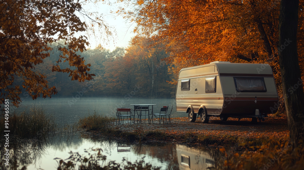A trailer of a mobile home or recreational vehicle is parked by the shore of a pond in a camping area during autumn. Nearby, a table is set up, adding to the cozy and practical setup for a family A trailer of a mobile home or recreational vehicle is parked by the shore of a pond in a camping area during autumn. Nearby, a table is set up, adding to the cozy and practical setup for a family