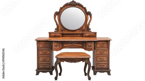 Elegant wooden vanity with a round mirror and intricate carvings, perfect for enhancing any bedroom decor.