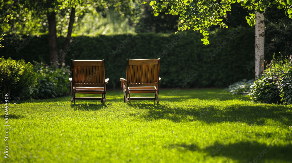 Two summer chairs placed on a green grass lawn in a backyard. The scene is tranquil and inviting, with the chairs positioned to face each other or perhaps a picturesque view. The lush grass provides a Two summer chairs placed on a green grass lawn in a backyard. The scene is tranquil and inviting, with the chairs positioned to face each other or perhaps a picturesque view. The lush grass provides a