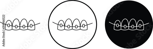 Set of Teeth with braces Outline Icons. Illustration with dotted pop art on transparent background. Orthodontic treatment stages. Alignment of teeth and bite correction with the help of braces system.